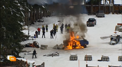 Erste Stunt- und Testaufnahmen in Obertilliach - ein in Flammen aufgehendes Auto © ORF